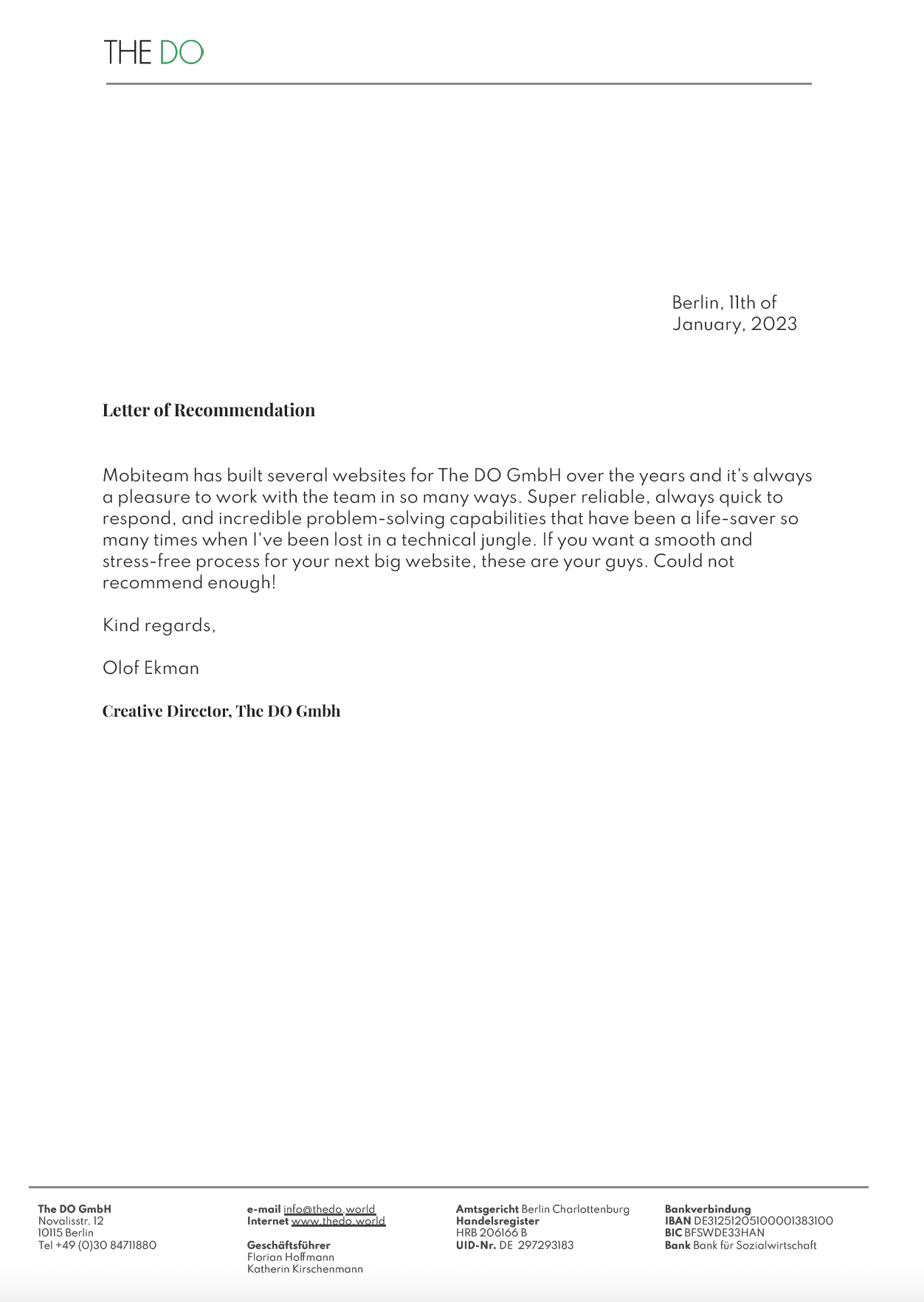 Recommendation Letter Mobiteam GmbH
